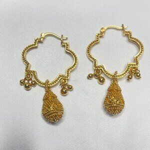 Bali Earrings Gold Tone Dangle Hoop